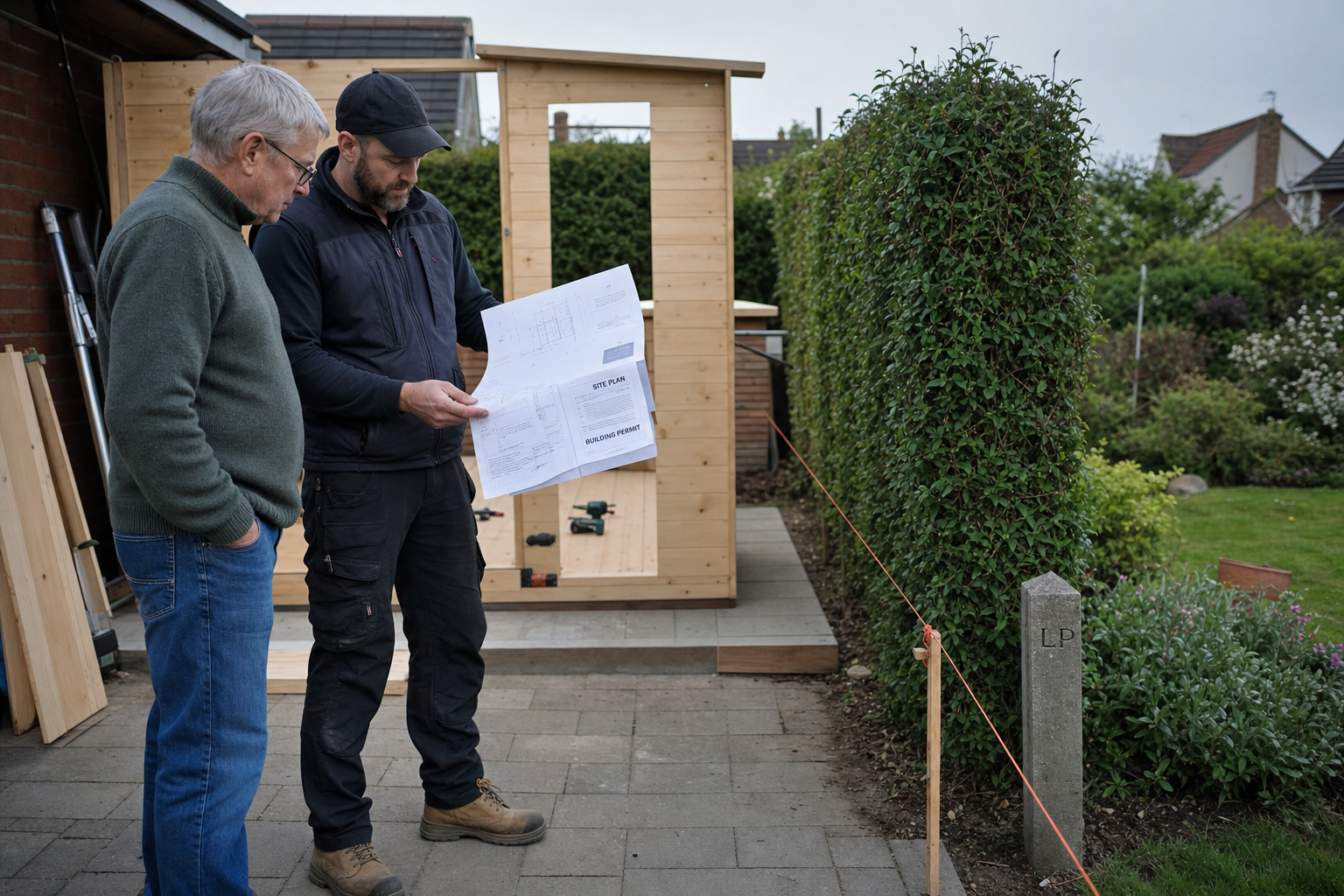 Houten schuur bouwpakket met erfgrens plaatsing