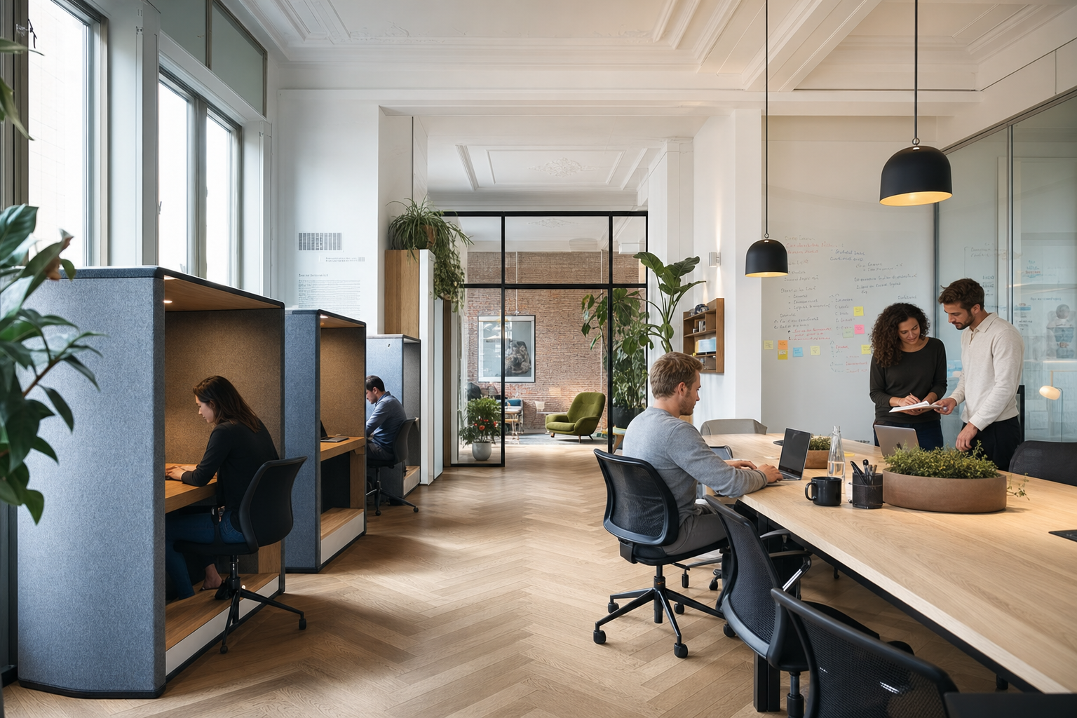 Modern office interior with collaborative and focused work zones