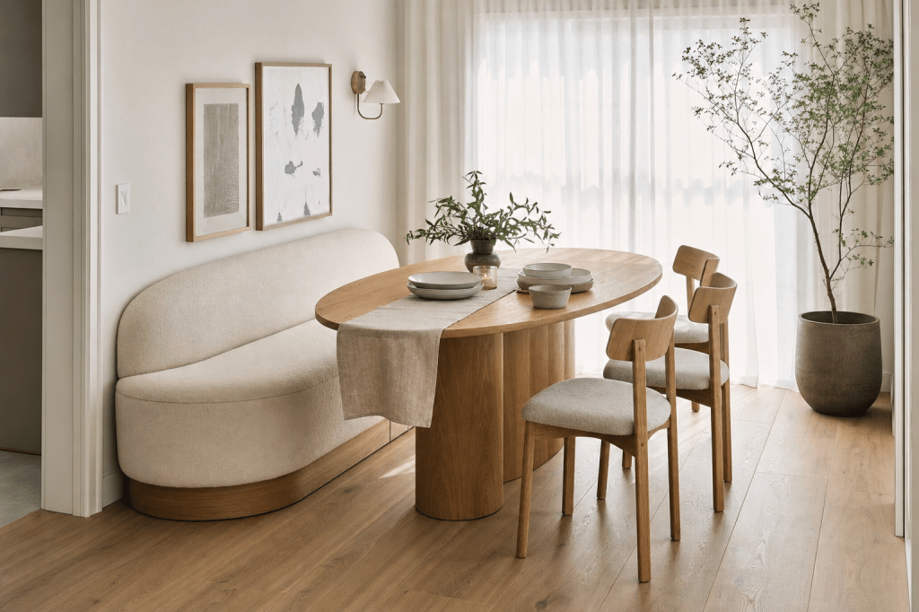 Hoe combineer je een eetkamerbank ovaal met een ovale eettafel zodat de loopruimte, zitplaatsen en verhoudingen in de ruimte&nbsp;kloppen?